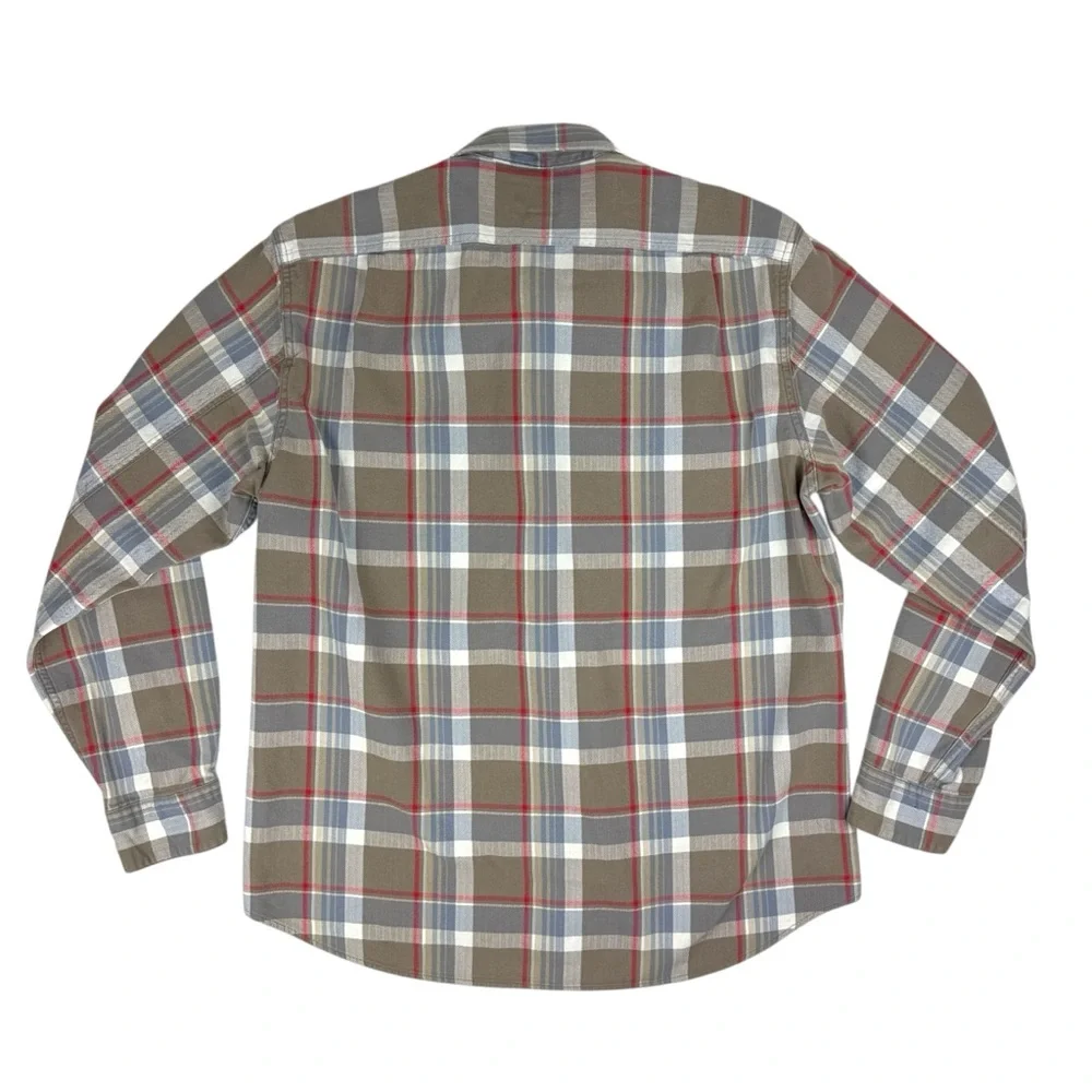 J. Crew Plaid Shirt Men's Large Tan Gray Red Flannel Button-up 100% Cotton Soft